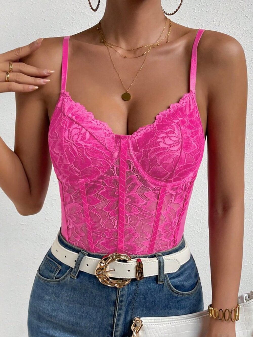 Hot Pink Elegant Women's Sexy Lace Spaghetti Strap Bodysuit